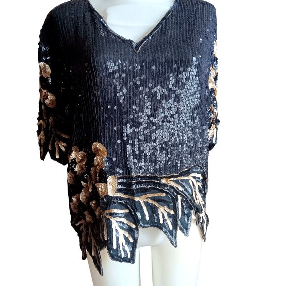 Large Vintage Sequin Floral Embellished Top Silk Sequined Black & Gold 90s - Picture 2 of 8